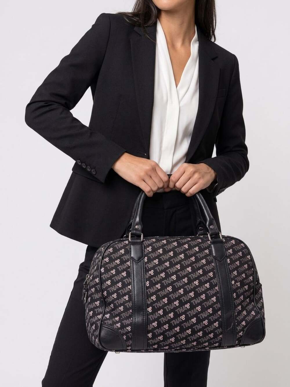 TNA Monogram Print Duffer Bag Black Pink